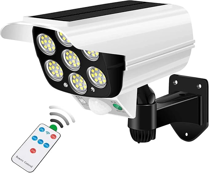 Outdoor Motion Sensor Solar Lights 2000 Lumens 77 LEDs With Remote Controller Floodlight Outdoor, Wireless Dummy Security Camera for Porch Garden Patio Driveway.