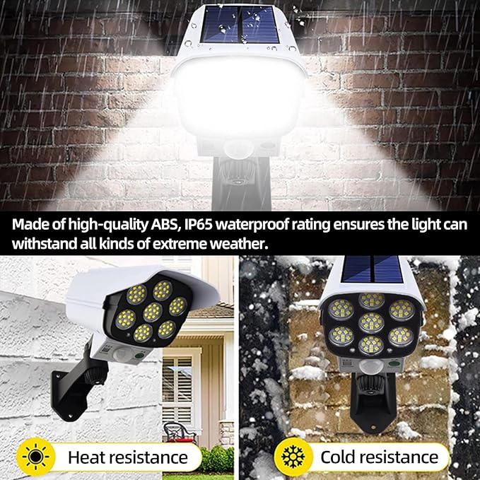 Outdoor Motion Sensor Solar Lights 2000 Lumens 77 LEDs With Remote Controller Floodlight Outdoor, Wireless Dummy Security Camera for Porch Garden Patio Driveway.