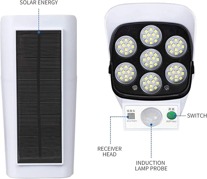Outdoor Motion Sensor Solar Lights 2000 Lumens 77 LEDs With Remote Controller Floodlight Outdoor, Wireless Dummy Security Camera for Porch Garden Patio Driveway.