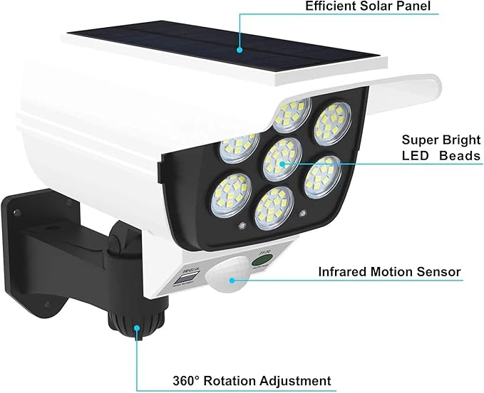 Outdoor Motion Sensor Solar Lights 2000 Lumens 77 LEDs With Remote Controller Floodlight Outdoor, Wireless Dummy Security Camera for Porch Garden Patio Driveway.