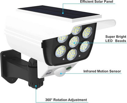 Outdoor Motion Sensor Solar Lights 2000 Lumens 77 LEDs With Remote Controller Floodlight Outdoor, Wireless Dummy Security Camera for Porch Garden Patio Driveway.
